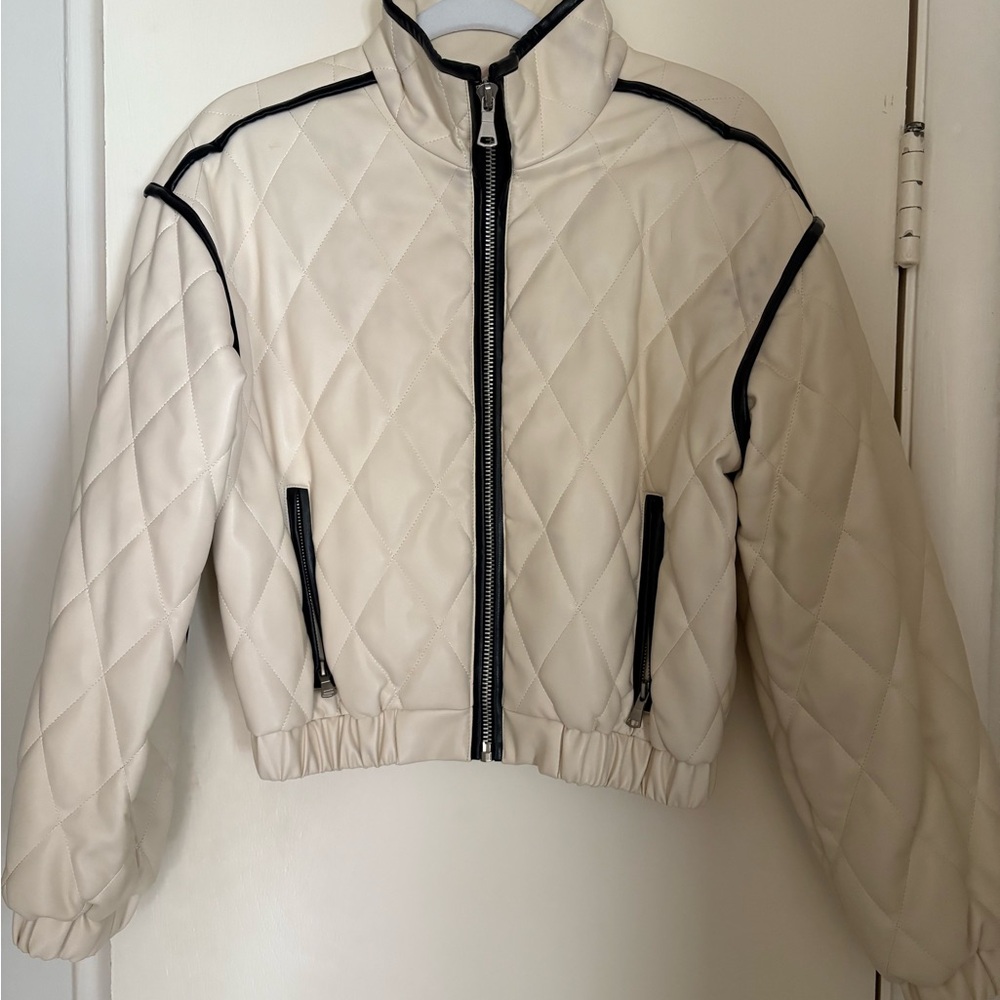 7 For All Mankind Cream Quilted Puffer Jacket with Black Trim